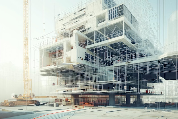 Extensive Scaffolding on a Large Building Futuristic building under construction overlaid with architectural plans AI Generated