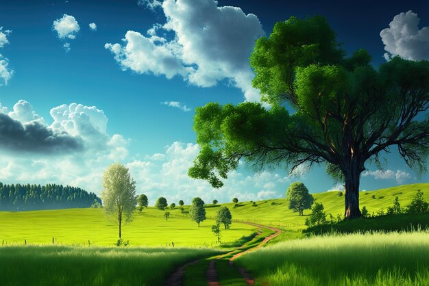 Extensive scenery with trees and grass and a beautiful sky