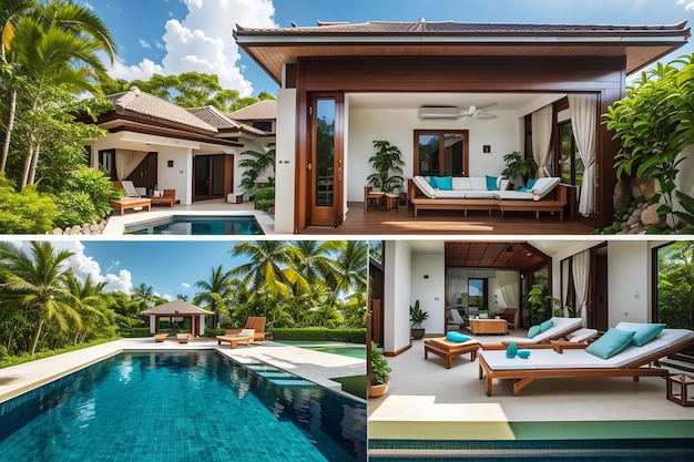 Exterieur- en interieurontwerp met tropische zwembadvilla met groene tuin met zonnebank en blauwe lucht