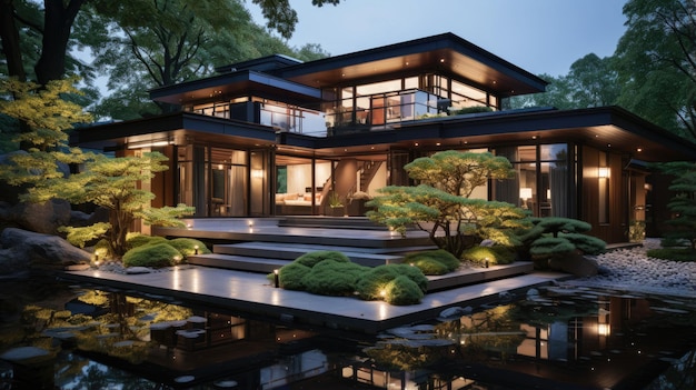 Exterior architecture of modern residential house in zen and feng shui style