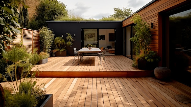 Photo the exterior of a back garden patio area with wood decking generative ai