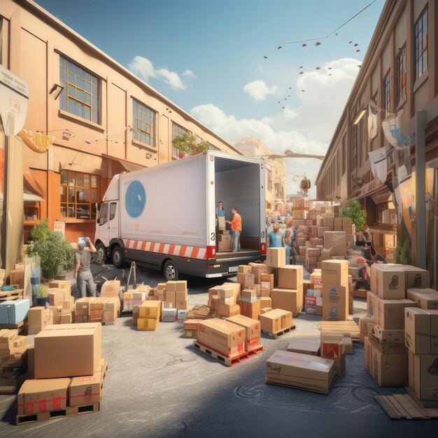 the exterior of a bustling logistics warehouse with its door wide open A delivery van heavily loaded