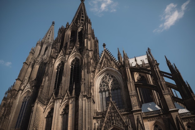 Exterior of cathedral with towering spires and intricate carvings