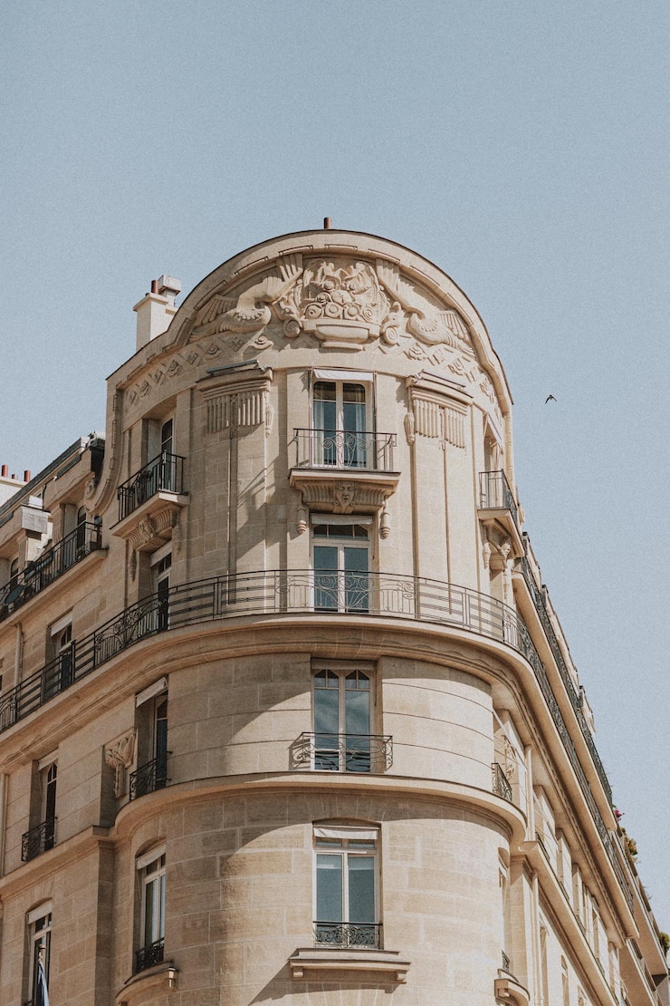 Photo exterior of classic building with balconies stock photo