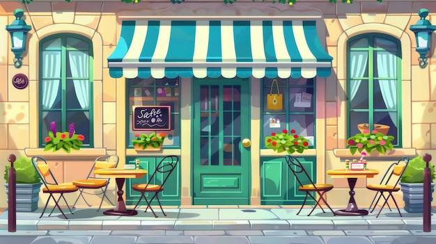 Photo an exterior of a coffee shop or restaurant on a city street a building facade with a cafeteria storefront with a door awning and window a signboard outdoor tables and chairs cartoon illustration