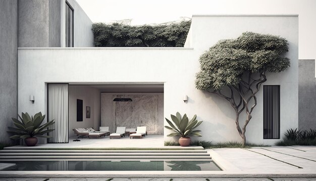 Exterior concept sketch of a modern white minimalist willa in Mexican style Generative AI