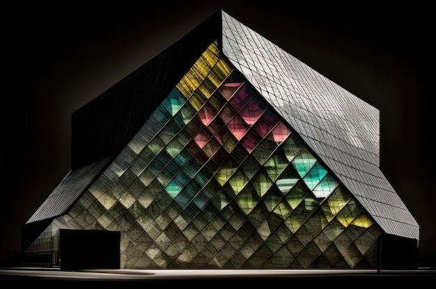 밤에 현대적인 건물에 화려한 스테인드 글라스 창문이 있는 외부 디자인 컨셉