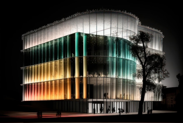 Exterior design concept with colorful stained glass windows in modern building at night