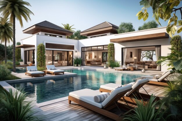 Photo exterior design includes pool terrace garden and sun bed for the house home and pool villa