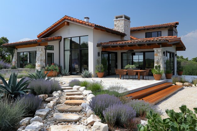 the exterior of an elegant country house Italy style with garden and terrace inspiration ideas