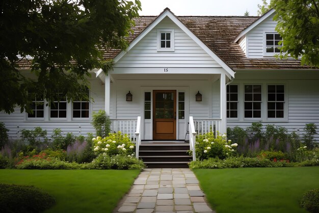 Photo exterior of front doorway luxury farm style house in countryside