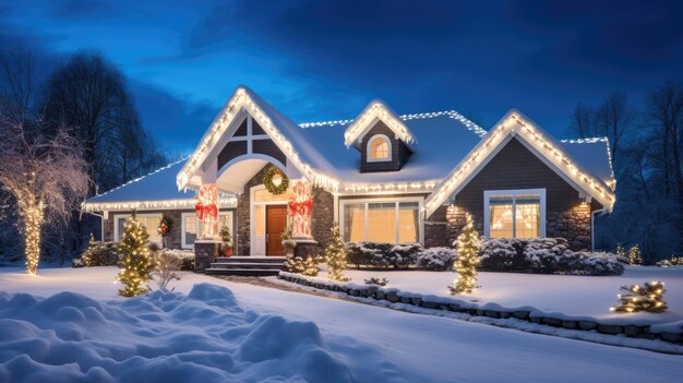 exterior of home adorned with Christmas lights and decorations under a starry night sky Christmas da