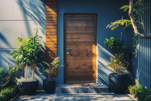 Foto esterno della casa con porta e piante nel cortile anteriore