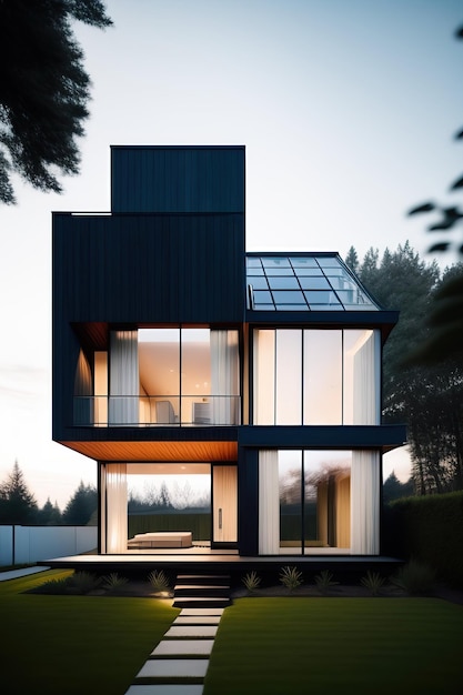 Photo exterior image of a new modern house with large window