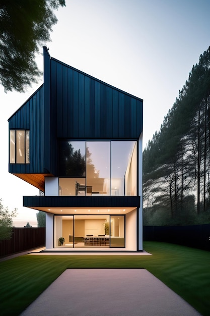 Photo exterior image of a new modern house with large window