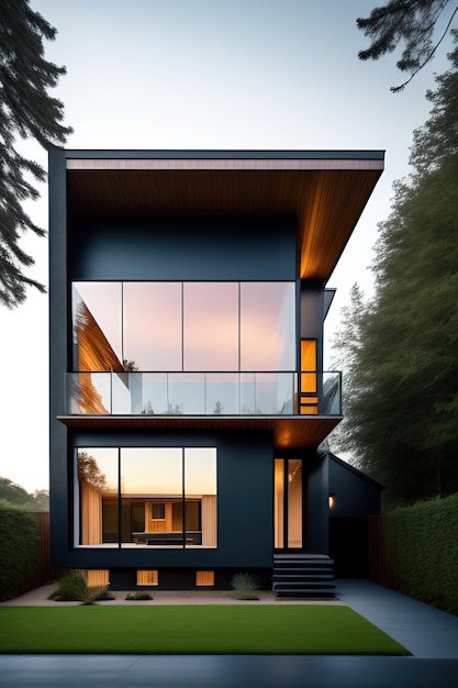 Exterior image of a new modern house with large window