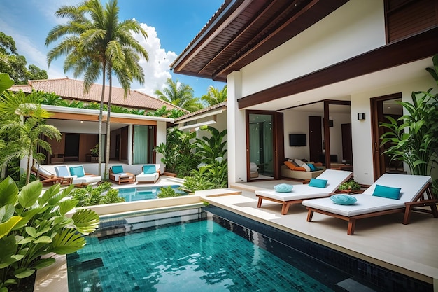 Внешний и внутренний дизайн: вилла с тропическим бассейном, зеленым садом с шезлонгом и голубым небом.