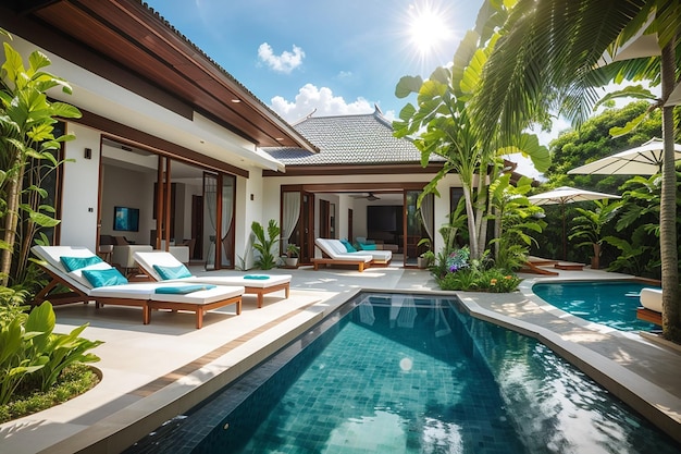 Exterior and interior design showing tropical pool villa with green garden with sun bed and blue sky