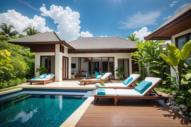 Exterior and interior design showing tropical pool villa with green garden with sun bed and blue sky