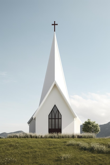 Exterior of little white country church building on a sunny day with white clouds green grass around rural scenery landscape