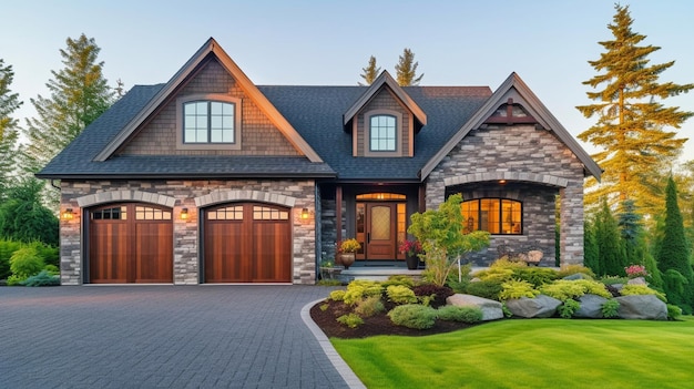 Photo exterior of a luxury home with a double garage brick and siding trim and generative ai