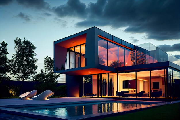 Exterior of a luxury house with swimming pool Modern Villa Generative AIxA