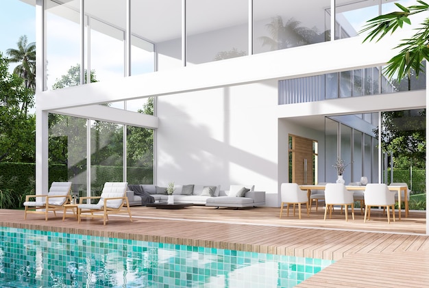 Exterior of Minimal style modern white house with wooden terrace and blue tile swimming pool 3d renderThere is a living room and dining room inside surrounded by nature