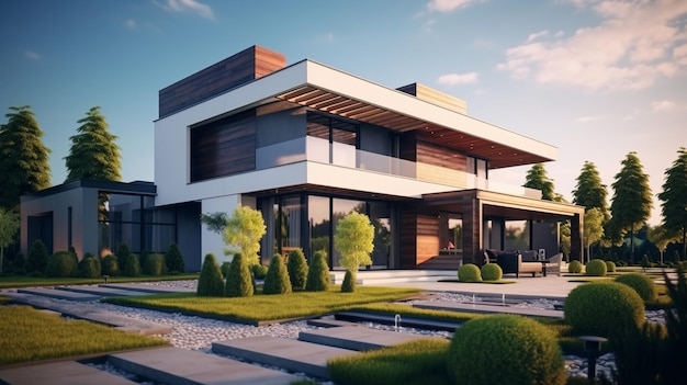 Exterior of modern luxury house with garden