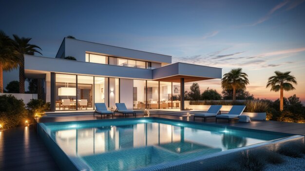 Exterior of modern minimalist cubic villa with swimming pool at sunset Generative AI