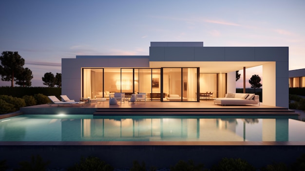 Exterior of modern minimalist cubic villa with swimming pool
