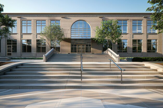 Photo exterior of a modern school building with stairs going up and down