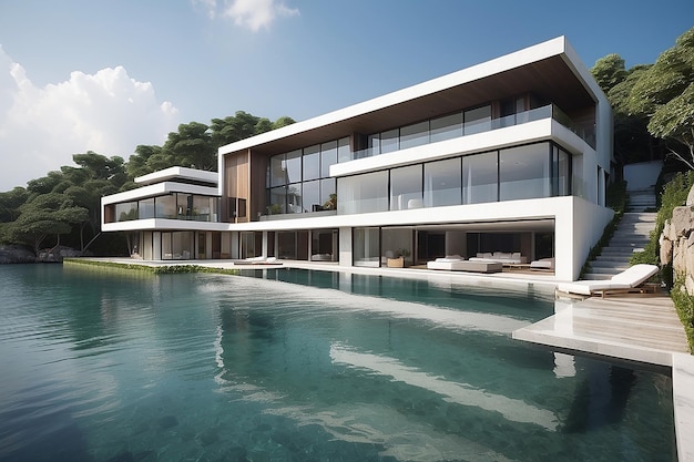 Exterior modern style villa encircled to water