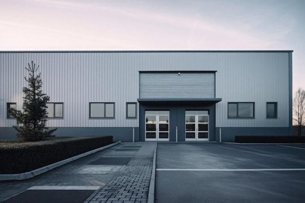 Exterior of a modern warehouse with a small office unit Outdoor picture of large industrial and commercial buildings Generative AI illustration