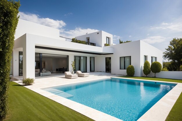 Exterior modern white villa with pool and garden