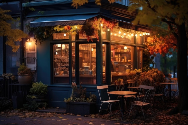 a exterior of a shop with lights glowing at night