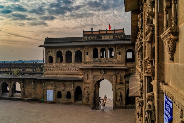 Exterior shots of the scenic tourist landmark Maheshwar fort and temple in Madhya Pradesh India This monument is on the banks of the Narmada River