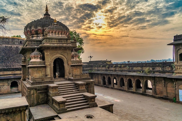 Exterior shots of the scenic tourist landmark Maheshwar fort and temple in Madhya Pradesh India This monument is on the banks of the Narmada River