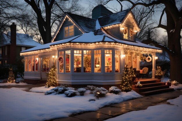 郊外の家の外観は,クリスマスのために装飾されたライトの花束を生成します.