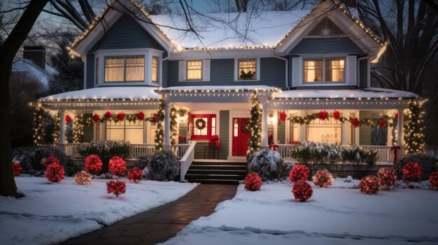 Photo exterior of a suburban house in the usa decorated for christmas and the new year holidays