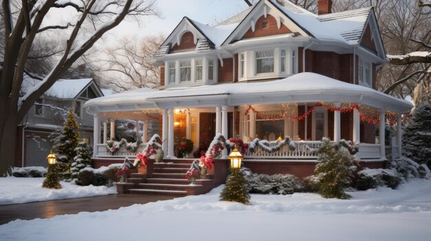 Exterior of a suburban house in the USA decorated for Christmas and the New Year holidays