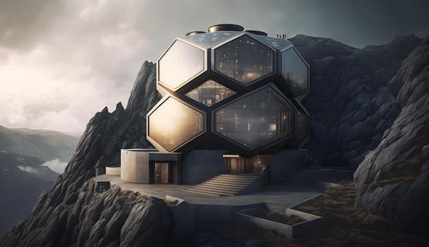 Exterior of ultra modern luxury hotel on mountain top