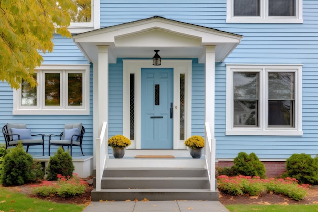 Photo exterior view of light grey colonial house blue central front door