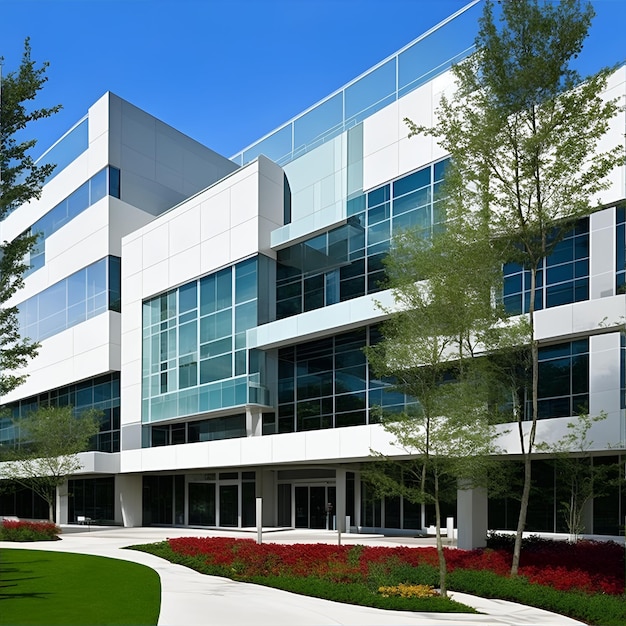 Exterior view of a modern building with a lot of glass and green garden