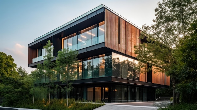 Exterior view modern contemporary wooden office concept A building with wood and glass finishes