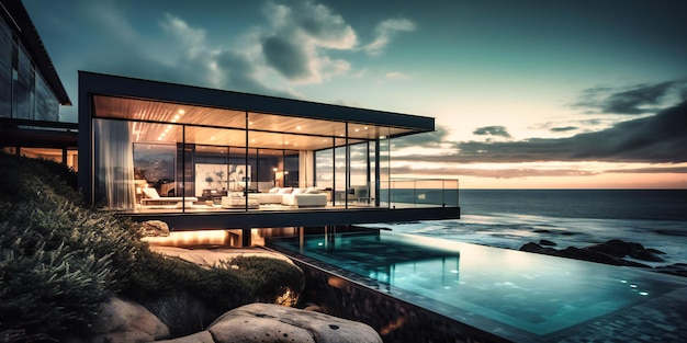 An exterior view of a modern home with skylights by the ocean