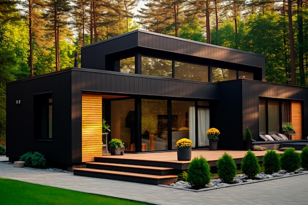 Exterior view of a modern minimalist twostory private house with a cubic design situated in forest