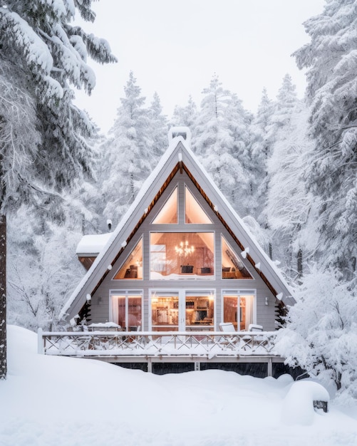 Foto vista esterna di uno chalet scandinavo coperto di neve in mezzo alla foresta creato utilizzando l'ia generativa