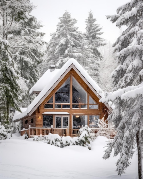 Exterior view of a scandinavian chalet covered by snow in middle of forest created using generative AI