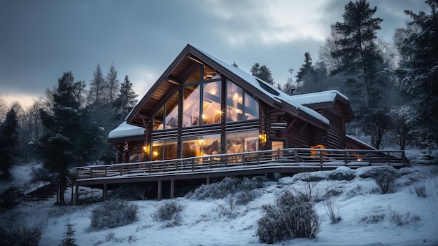 雪で覆われたスカンジナビアの小屋の外観 森の真ん中に夕暮れに生成的なAIを使用して作成された