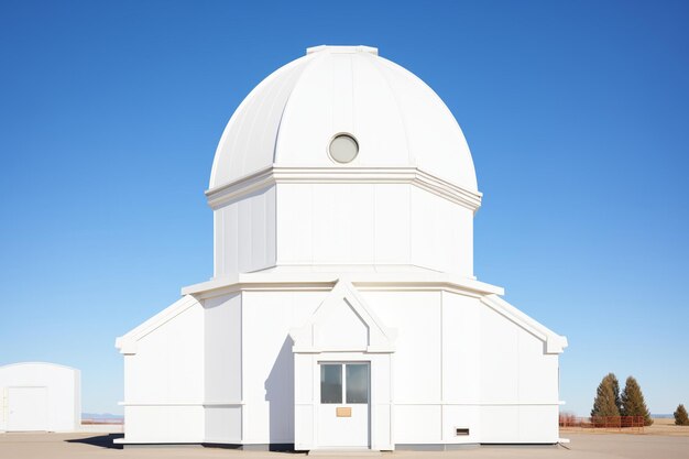 Foto esterno di un osservatorio astronomico a cupola bianca sotto un cielo limpido